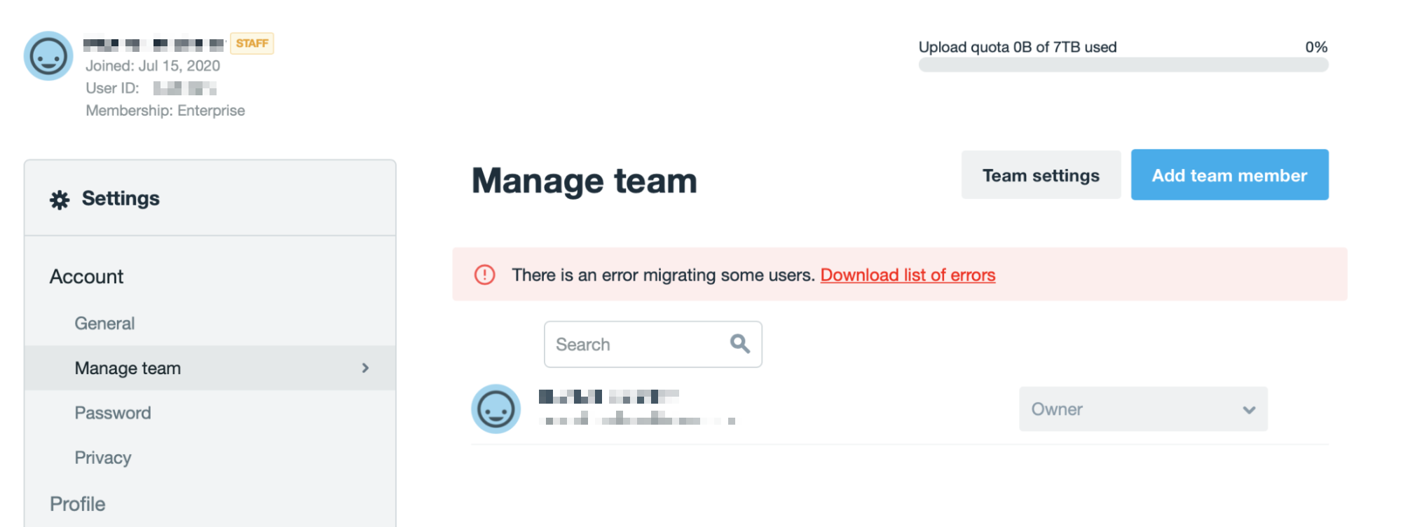 Vimeo manage team settings page, showing an error message that says 'There is an error migrating some users. Download a list of errors.' with a link to download a list of errors.