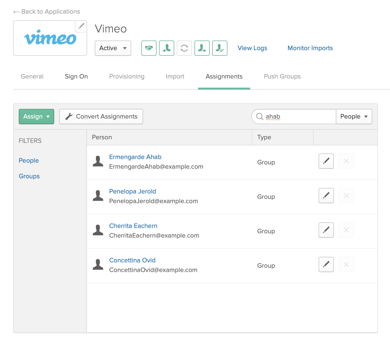 Assignments settings page in Okta, showing a list of example users.