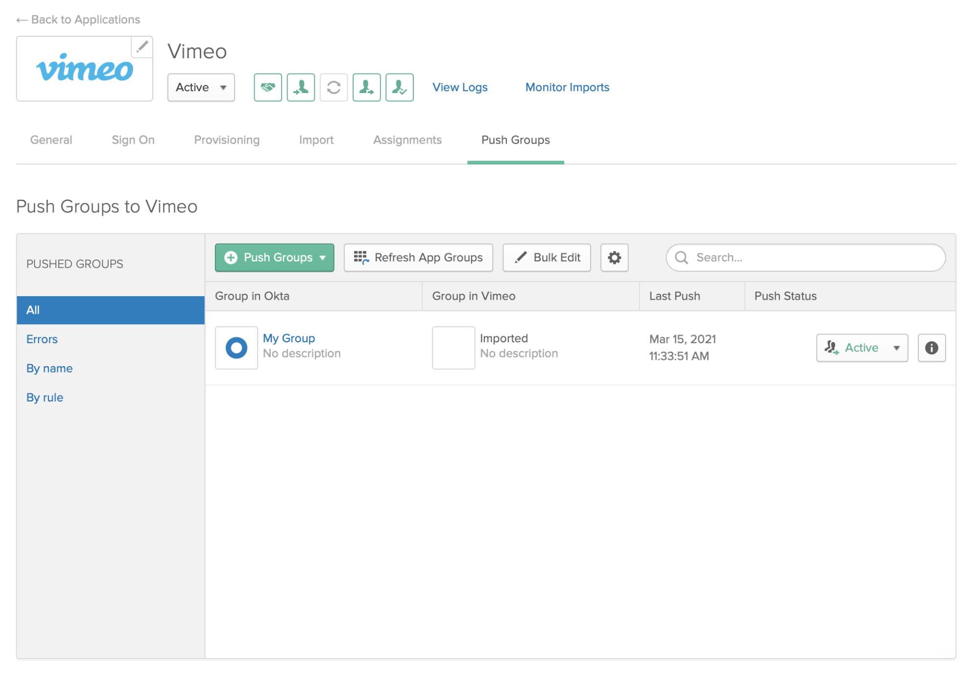 Okta Push Groups settings page, showing an example group that is being pushed to Vimeo.