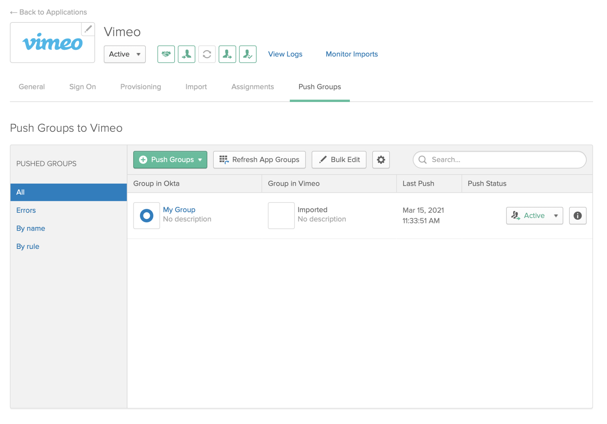 Okta Push Groups settings page, showing an example group that is being pushed to ZenVideo.