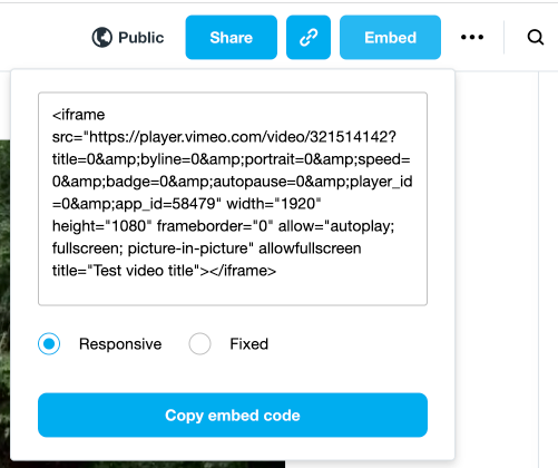 The Vimeo video settings page, showing the Embed button in the upper right corner with the iframe code modal window open.