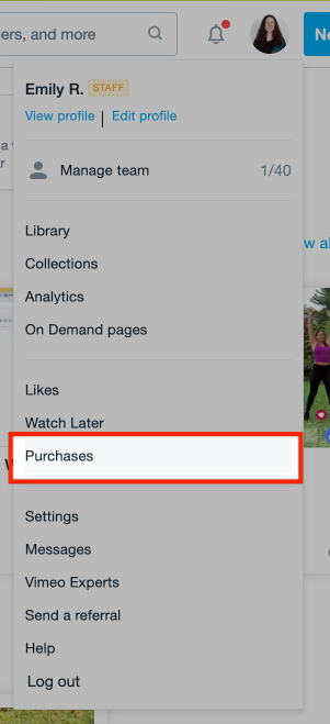 The main Vimeo account navigation dropdown menu open highlighting the purchases option about two-thirds of the way down.