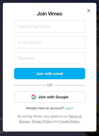 A white join vimeo splash screen with text fields for name, email, and password, and a button that says join with email. an alternative prompt to join with Google is also shown.