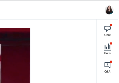The upper right corner of the event page highlighting the chat, poll, and Q&A options.