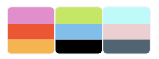 A set of three color palettes. Each palette features a combination of three colors in horizontal stripes.