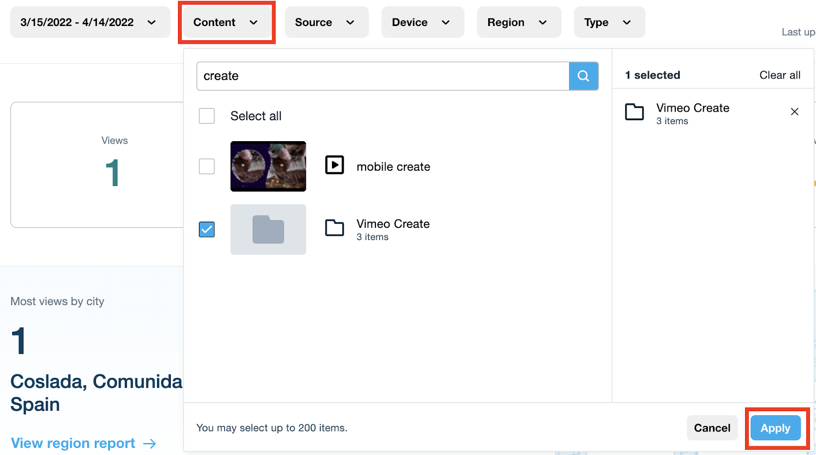 A screenshot of the content menu within the analytics dashboard. Here, you can select all videos and folders or specific that you'd like the analytics of. You can select up to 200 items. When selected, the number of views and the most views by city are displayed (with a link to view the region report). At the bottom right are two buttons: Cancel and Apply.