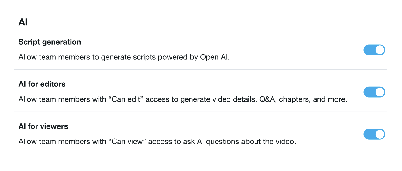 How can I enable or disable Vimeo AI settings for my team account