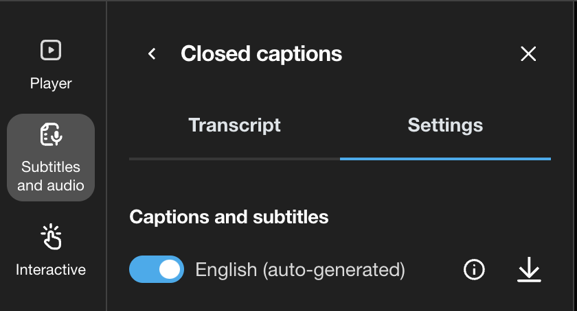 A captura de tela exibe o painel de configurações aberto com a chave ativada para closed captions (cc); legendas geradas automaticamente