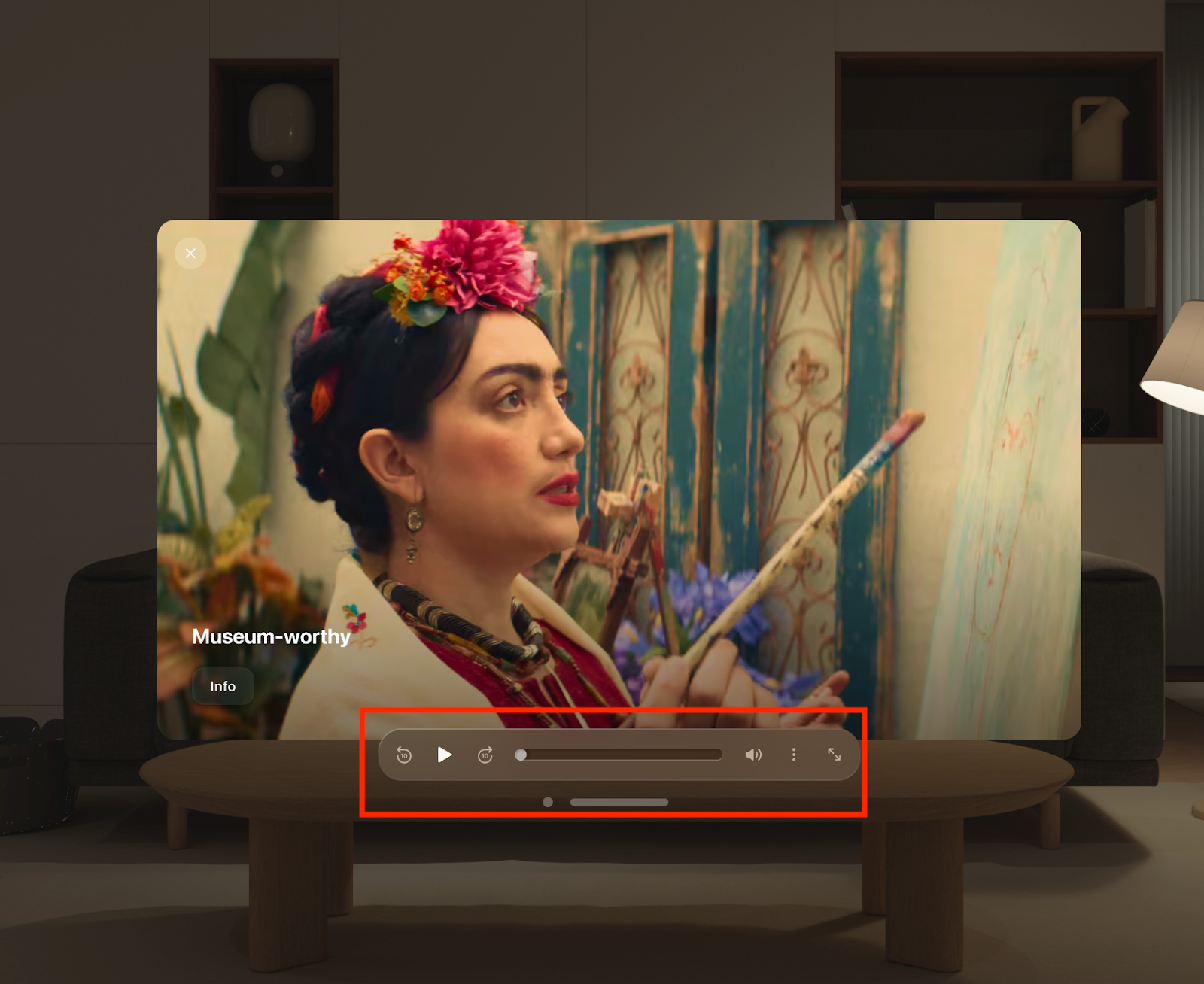 A video player on the Vimeo app for vision pro. The player controls, located under video's image, is outlined with a red rectangle.