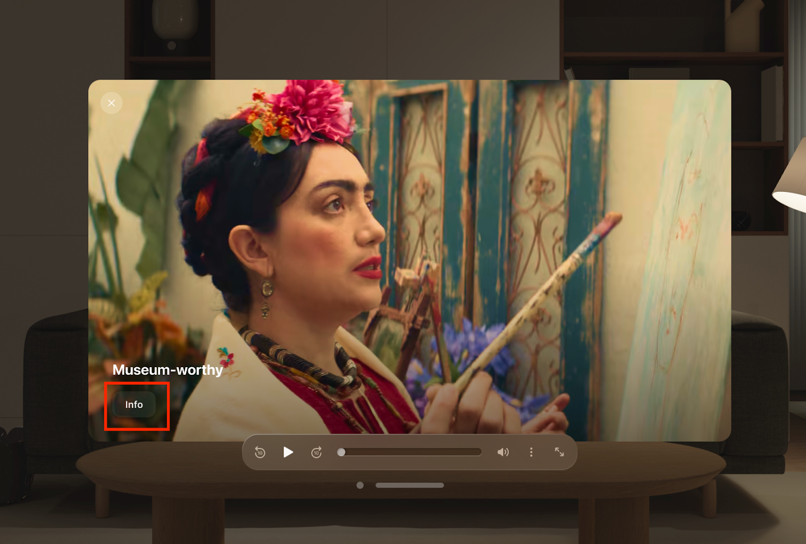 A video player on the Vimeo app for Vision Pro. The Info button, located to the bottom-left of the video's image, is outlined with a red rectangle.