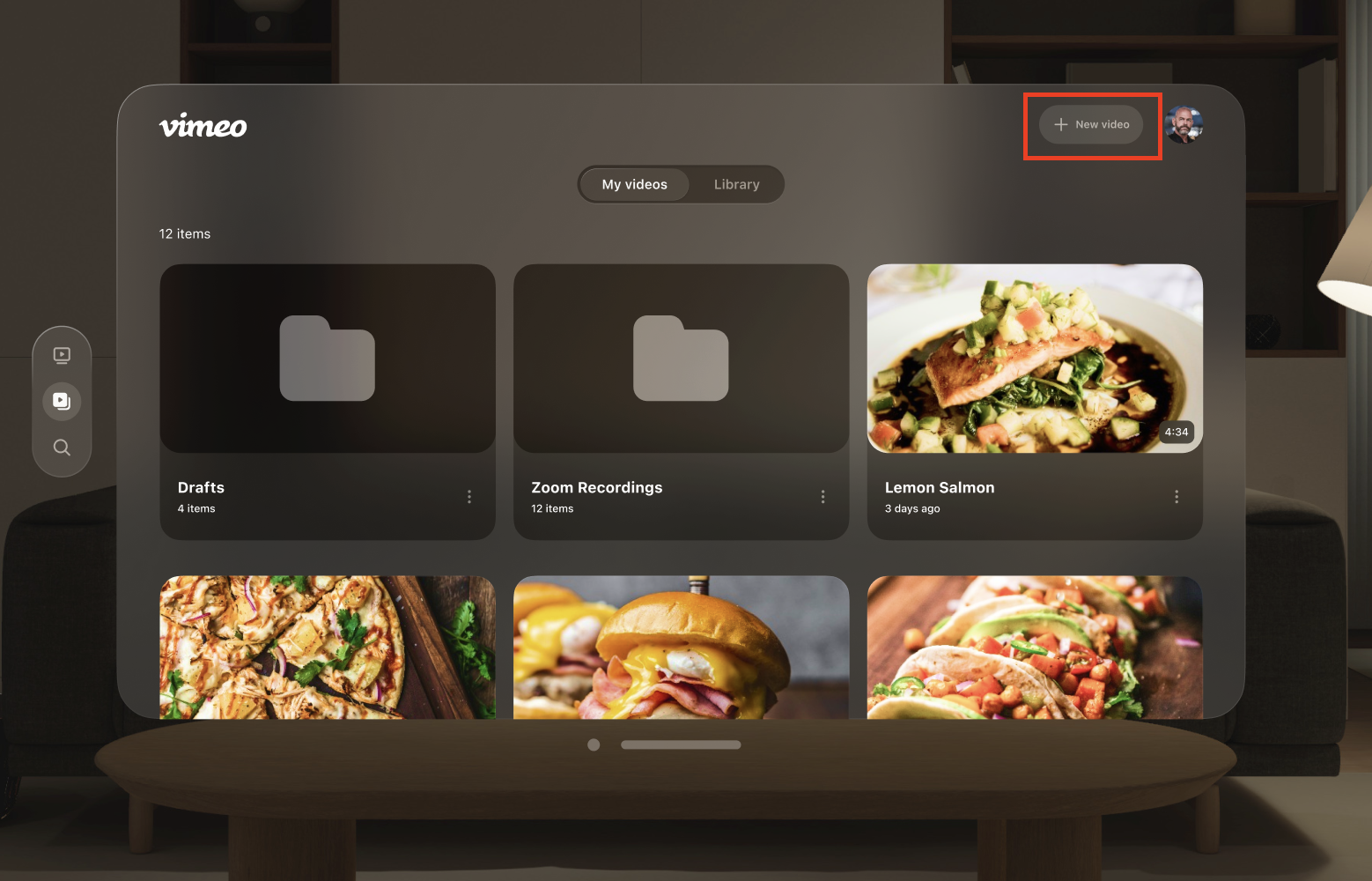The library tab on the Vimeo App for Vision Pro. The 'New Video' button is in the top-right corner of the Library tab to the right of the user's profile picture.