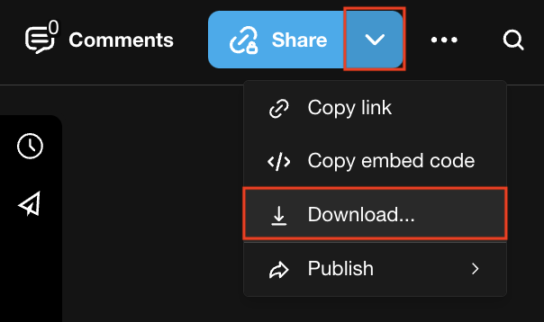 The dropdown menu from the Share button. The download option is outlined  in red.