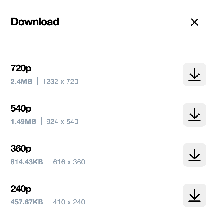 A janela modal de exemplo contém vários formatos de vídeo que variam de 720p a 240p. Cada opção tem um ícone de download à direita.O ícone de download tem uma seta apontando para baixo.