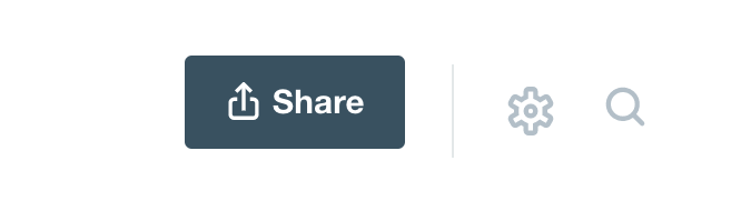 Botão "Compartilhar". Ele fica localizado à esquerda do botão "Configurações", em forma de engrenagem, e do botão "Pesquisar", em forma de lupa.