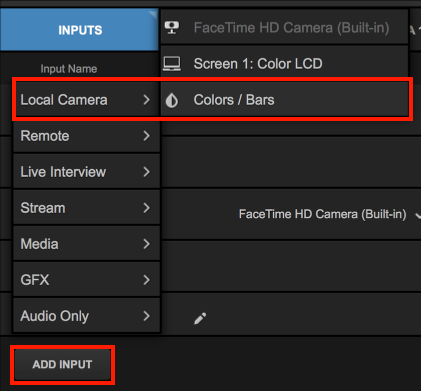 Studio 'Add inputs' menu opened, highlighting the local camera menu with colors / bars shown.