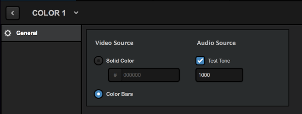 color 1 settings panel, showing the video source options (solid color or color bars) and audio source options (test tone checkbox and tone pitch text field).