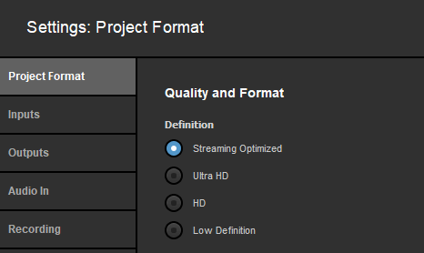 Studio project format settings, showing definition options