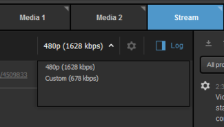 Studio stream panel showing limited streaming resolution and bitrate options.