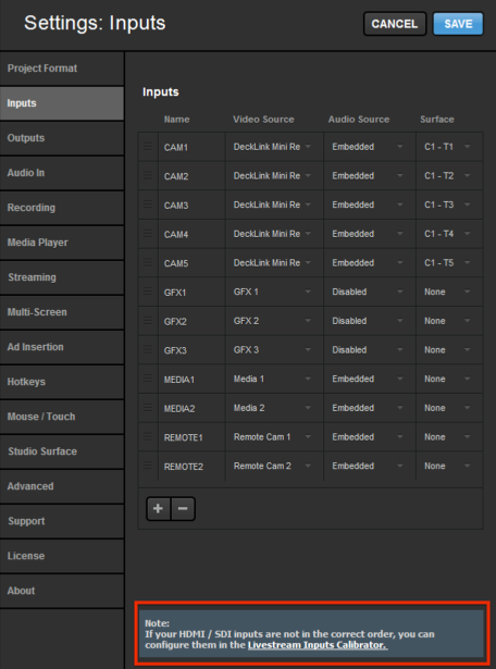 studio input settings menu highlighting the inputs calibrator option