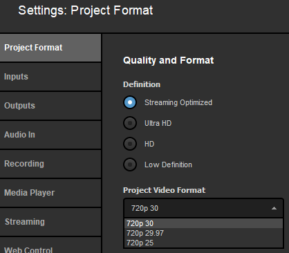 Studio project format settings showing available formats in streaming optimized mode