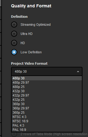 Studio project format settings showing available formats in low definition mode