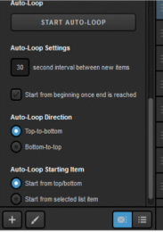 RSS graphic layer settings, showing the autoloop options including time interval, restarting at the beginning, direction, and starting item.