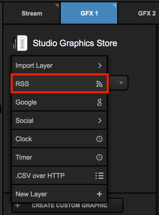 The custom graphic overlay menu, highlighting the RSS option.