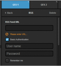 the graphic layer's settings, showing a checkbox label 'basic authenticaion' below the RSS Feed URL field.