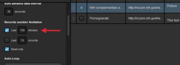 RSS graphic layer settings panel, highlighting the records number limitation settings, specifically the timeframe option showing last 120 minutes.