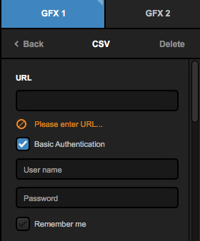 CSV over HTTP graphics layer settings showing a blank URL field and a checked box labeled 'basic authentication,' followed by user name and password fields.