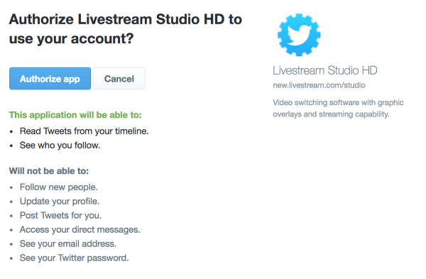 A prompt to authorize Studio to use your Twitter account.