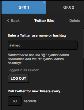 Twitter layer settings showing the username or hashtag field.