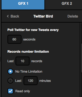 Twitter graphic layer settings showing how often to look for tweets and whether to limit the number of tweets pulled in by amount or time, along with a 'read only' checkbox.