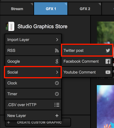 the graphics panel showing the create custom graphic menu, highlighting social followed by twitter post.