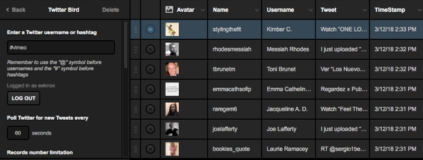 Twitter graphics panel showing settings on the left and a table of tweets on the right.