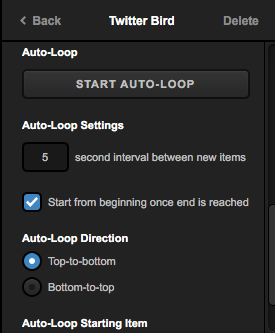 Twitter graphic layer settings showing autoloop options such as interval, where to start from, and direction.