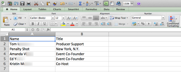 Excel spreadsheet showing a column of names and a column of titles.