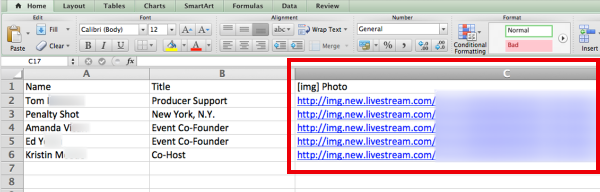 Excel spreadsheet showing a third column with image links