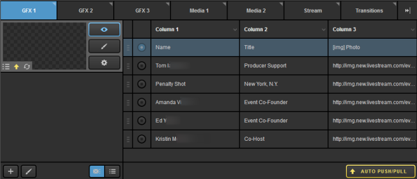 Graphics layer panel showing three columns with rows of data from the previously shown spreadsheet.