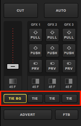 Studio transition controls, highlighting the tie and tie bg buttons.