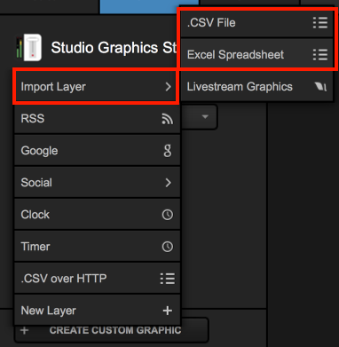 Studio graphics add menu, highlighting import layer followed by csv file and excel spreadsheet options.