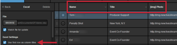 graphics layer settings, showing checkbox labeled 'use first row as column titles' and highlighting column titles.