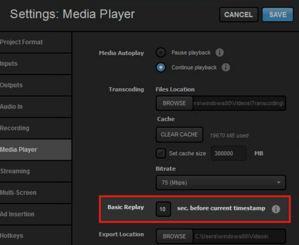 the media player panel in studio settings highlighting the basic replay option configured to the default ten seconds.