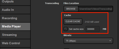 media player settings with cache settings highlighted.