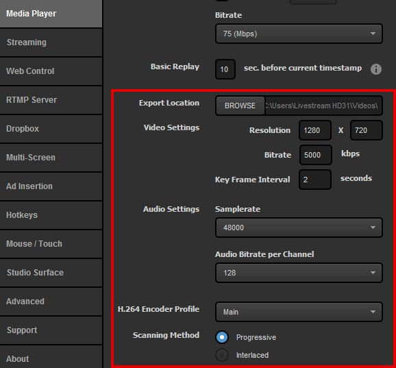 media player settings with export options highlighted including location, video and audio settings, encoder profile dropdown, and scanning method options..