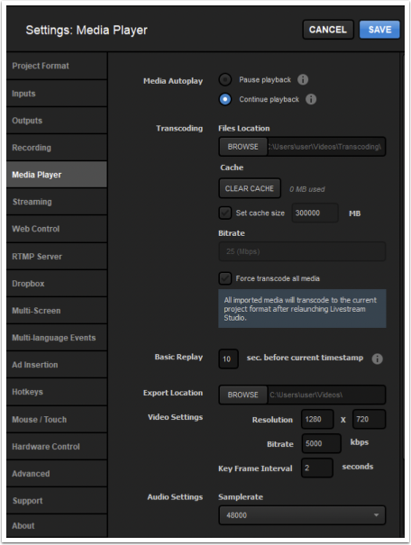 studio settings windows with media player menu selected.