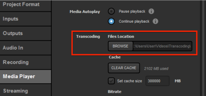 media player settings with transcoding file location setting highlighted.