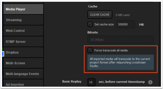 media player settings with force transcode all media settings highlighted.