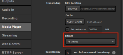 media player settings with bitrate dropdown menu highlighted.