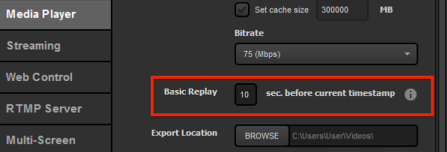 media player settings with basic replay setting highlighted.